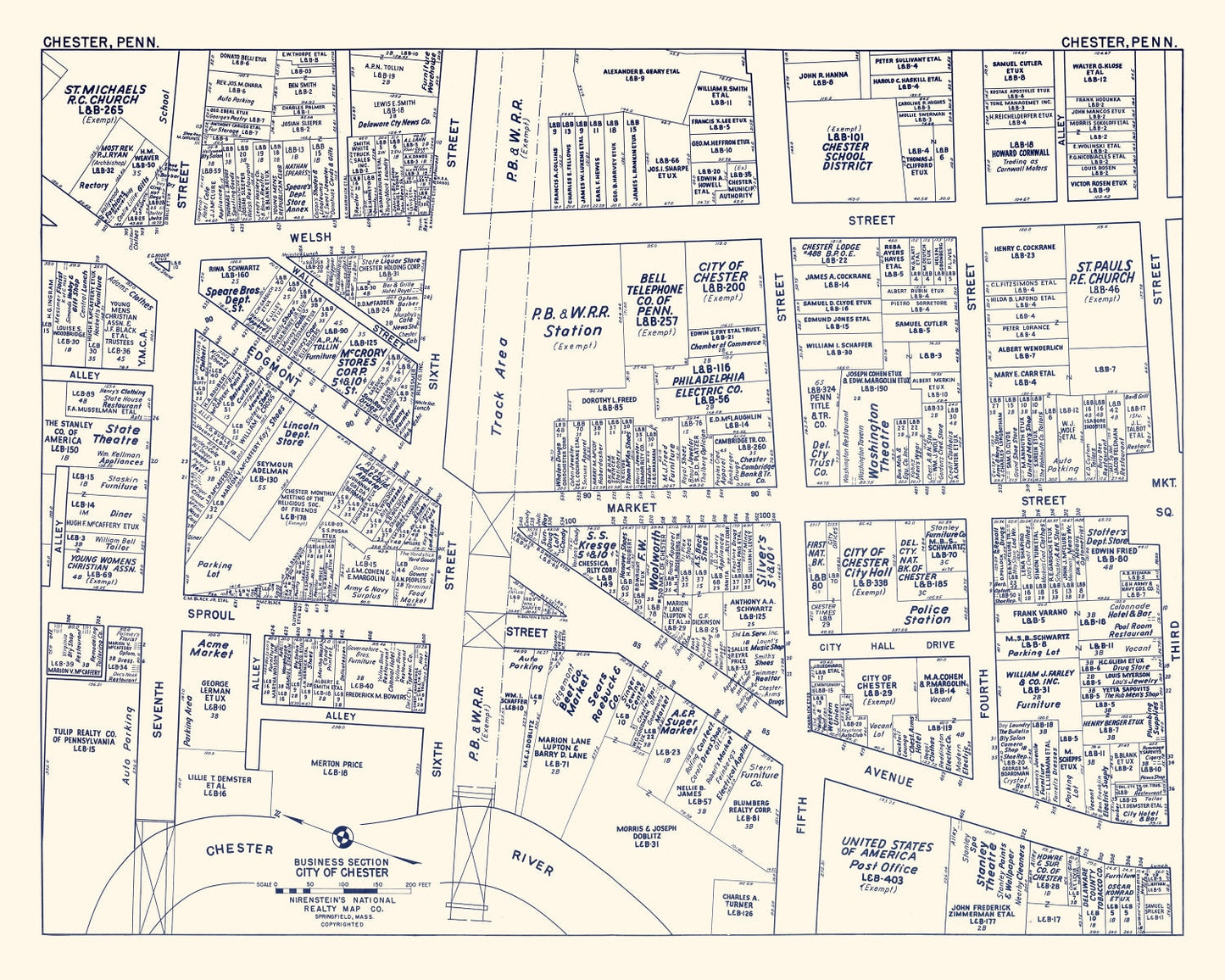 Vintage Map of Chester, PA Business Section 1950