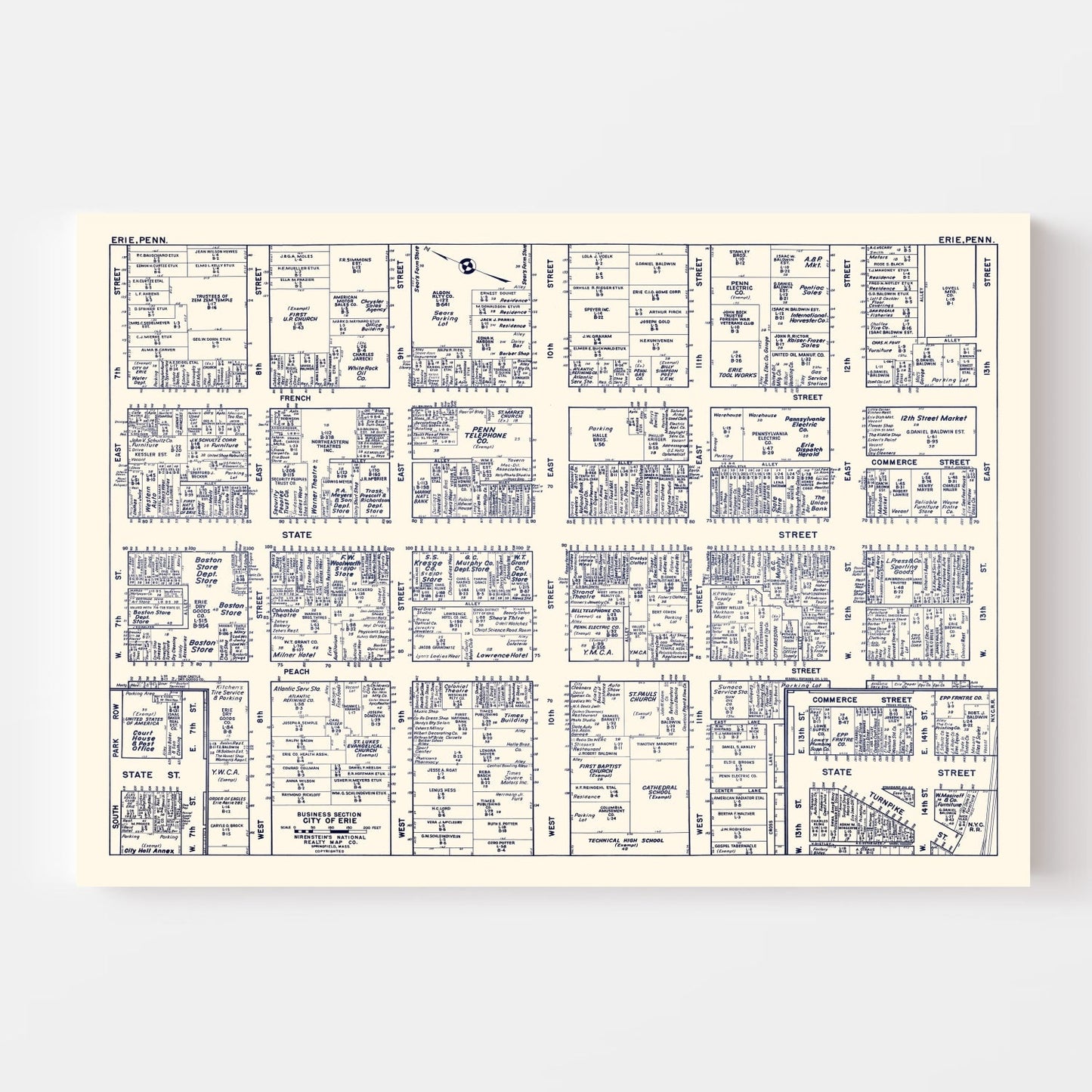Vintage Map of Erie, PA Business Section 1950