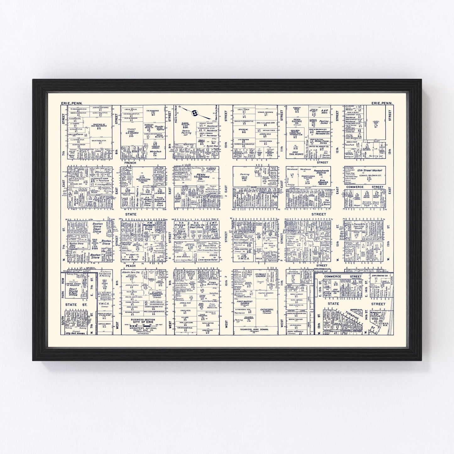 Vintage Map of Erie, PA Business Section 1950