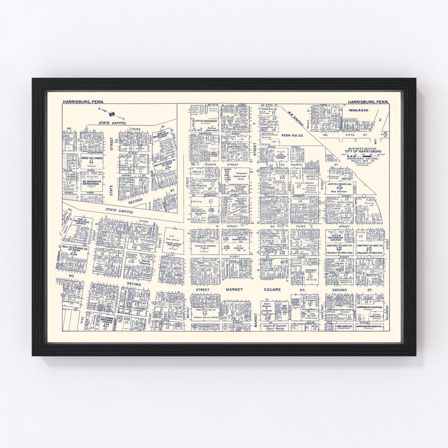 Vintage Map of Harrisburg, PA Business Section 1950