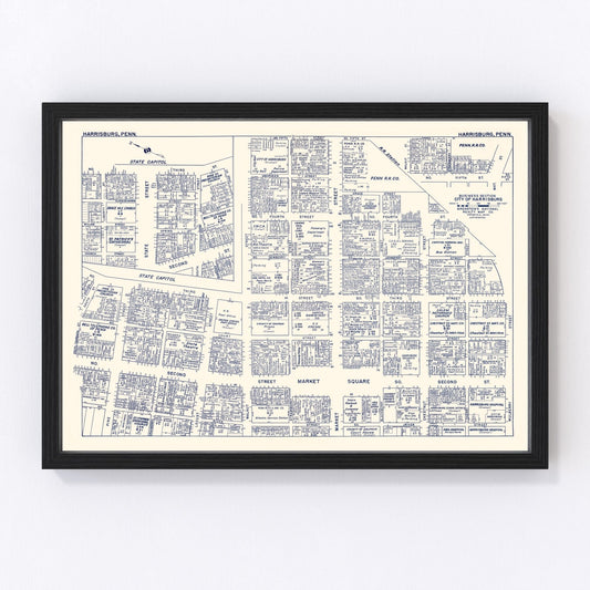 Vintage Map of Harrisburg, PA Business Section 1950