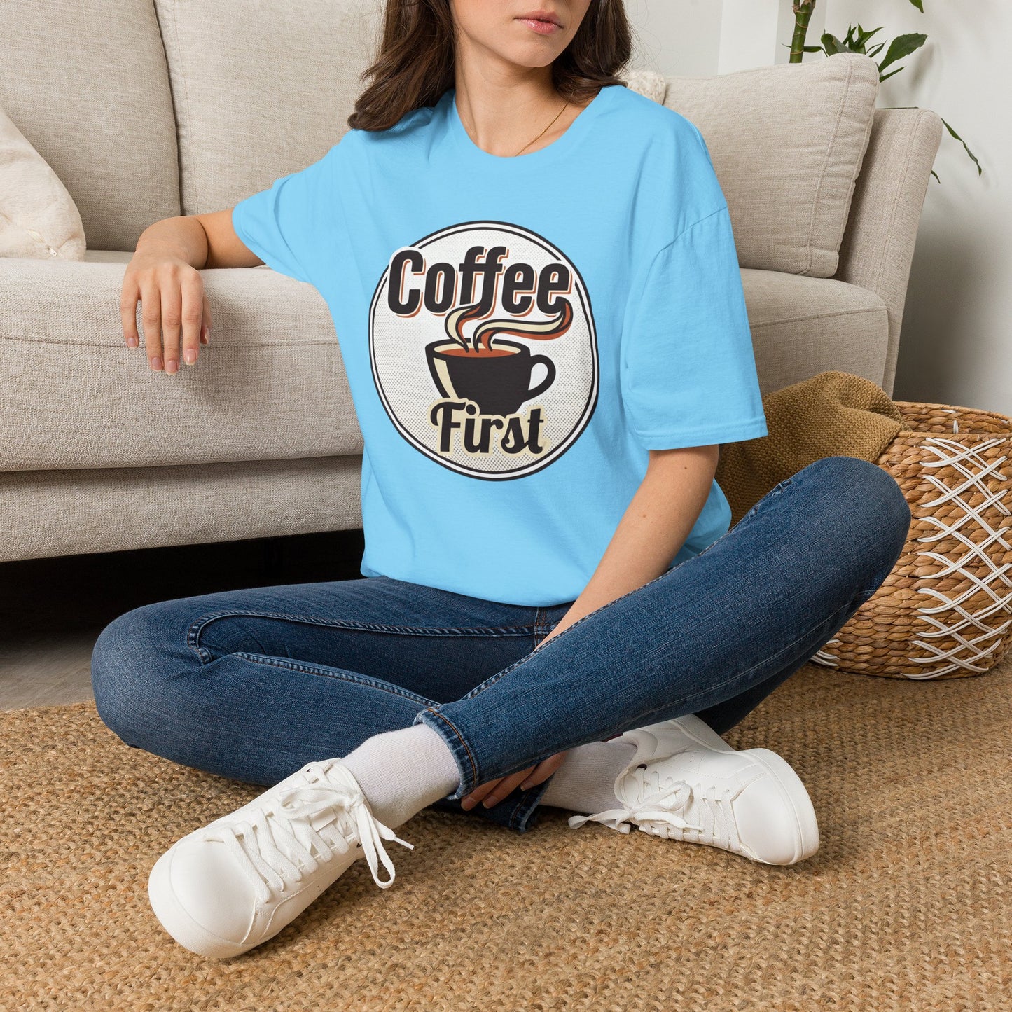 Coffee First T-Shirt — Retro Coffee Cup Graphic Tee for Coffee Lovers