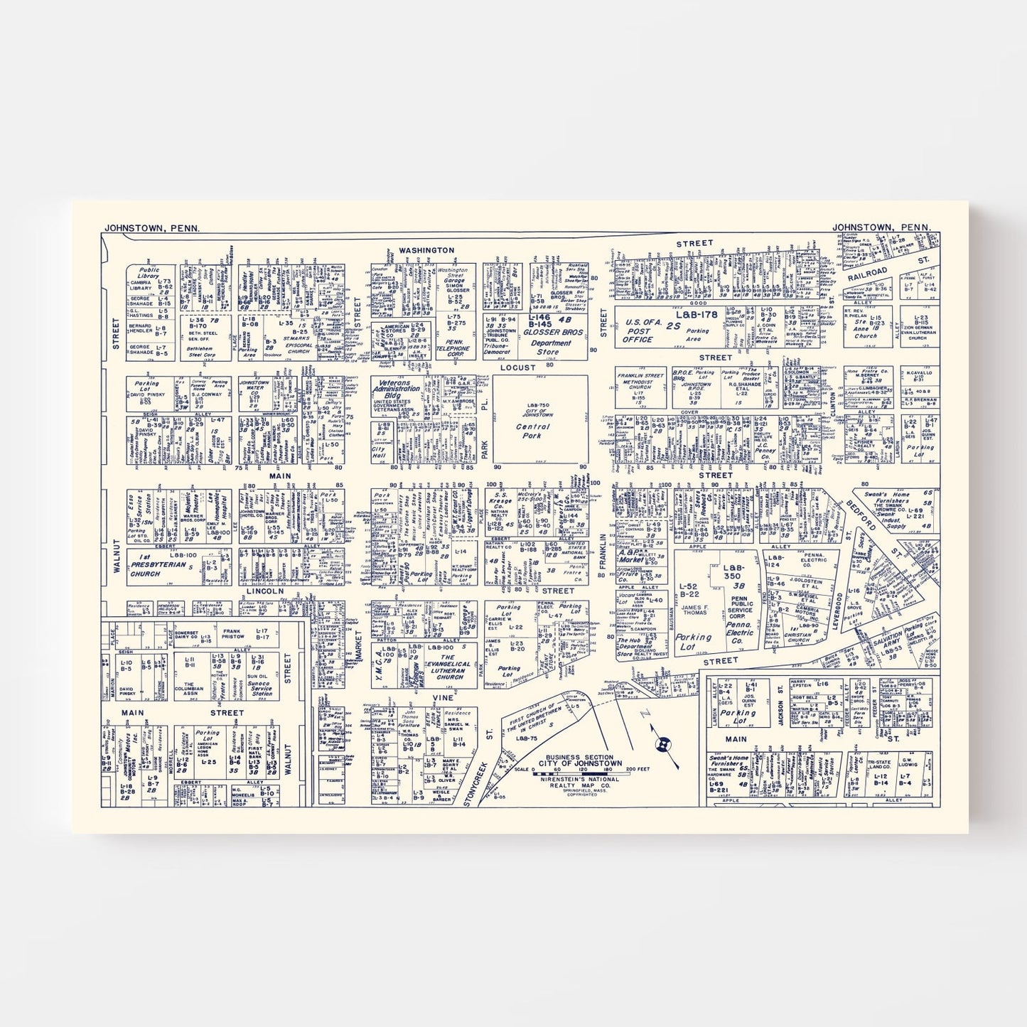 Vintage Map of Johnstown, PA Business Section 1950