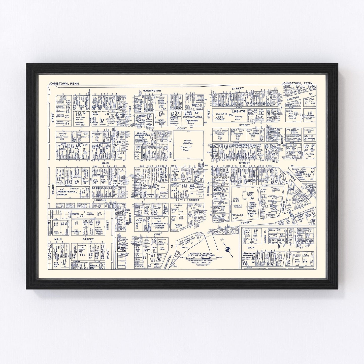 Vintage Map of Johnstown, PA Business Section 1950