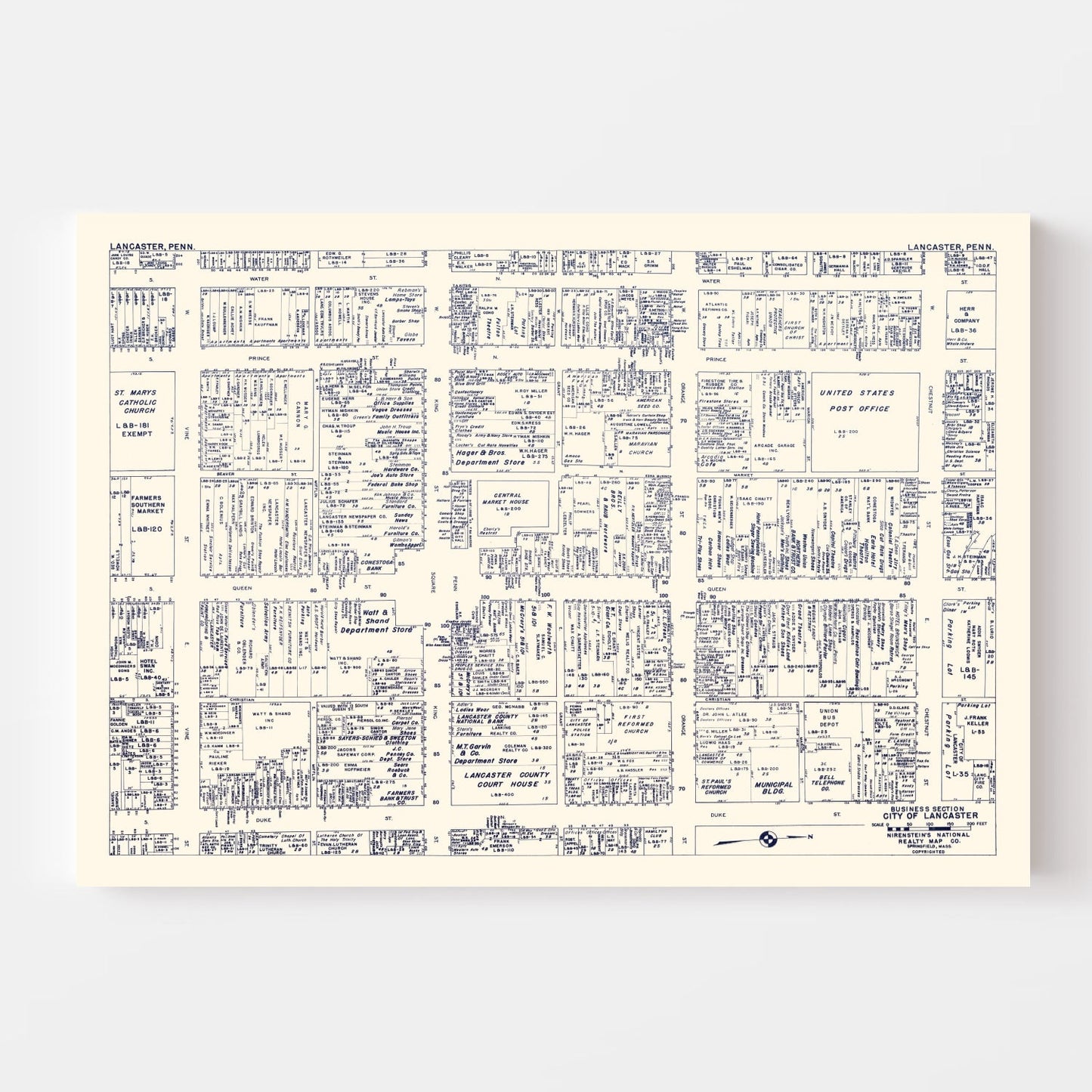 Vintage Map of Lancaster, PA Business Section 1950