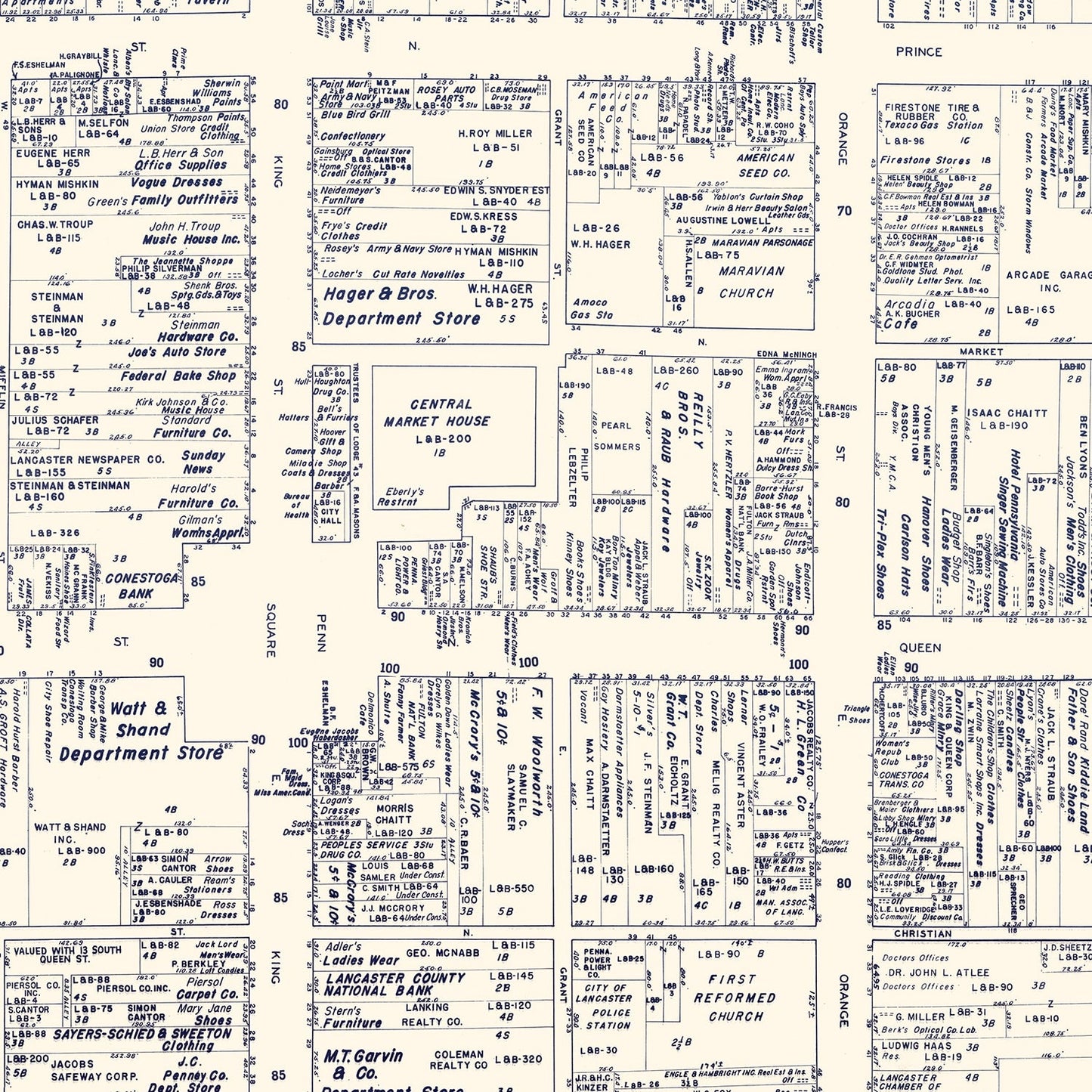 Vintage Map of Lancaster, PA Business Section 1950