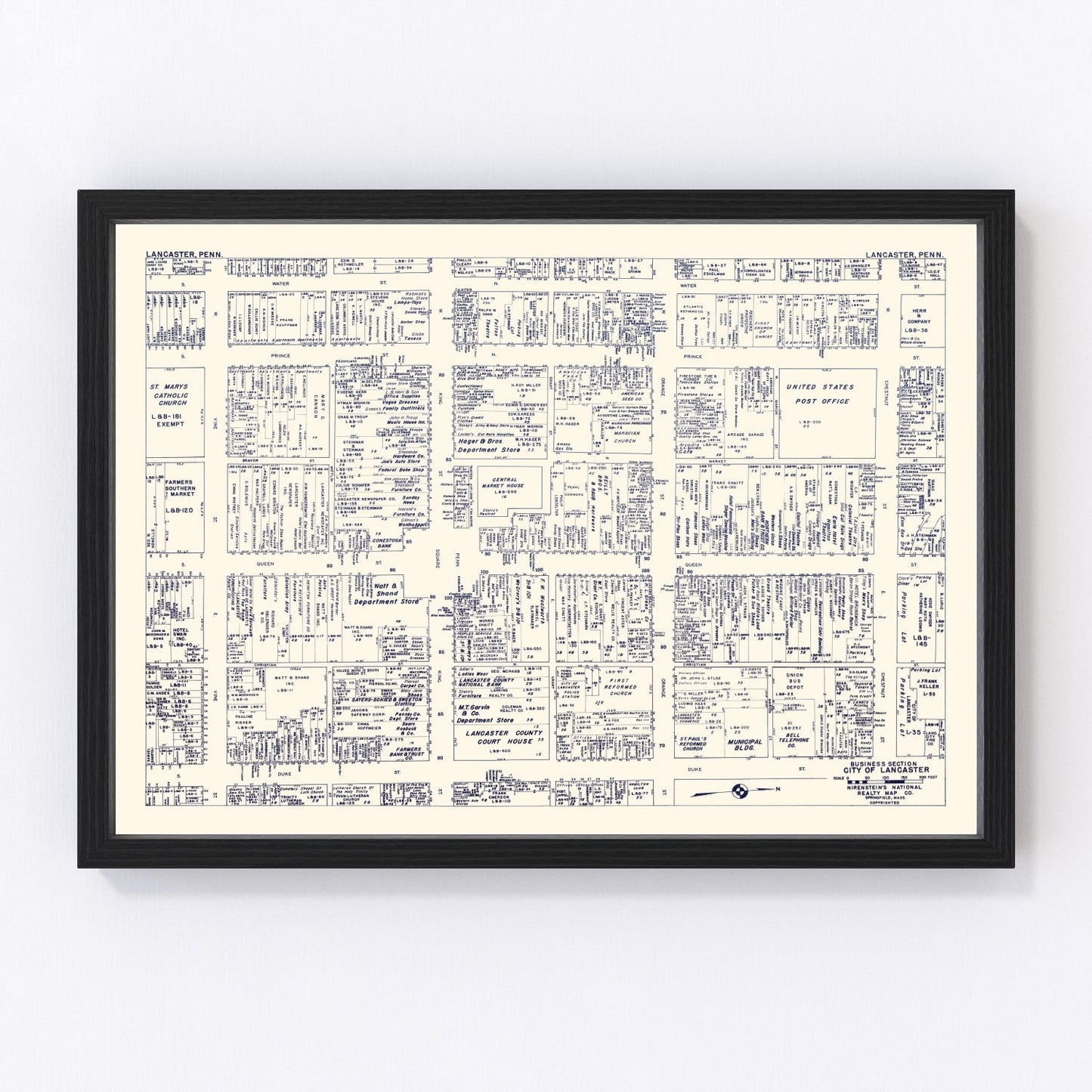 Vintage Map of Lancaster, PA Business Section 1950