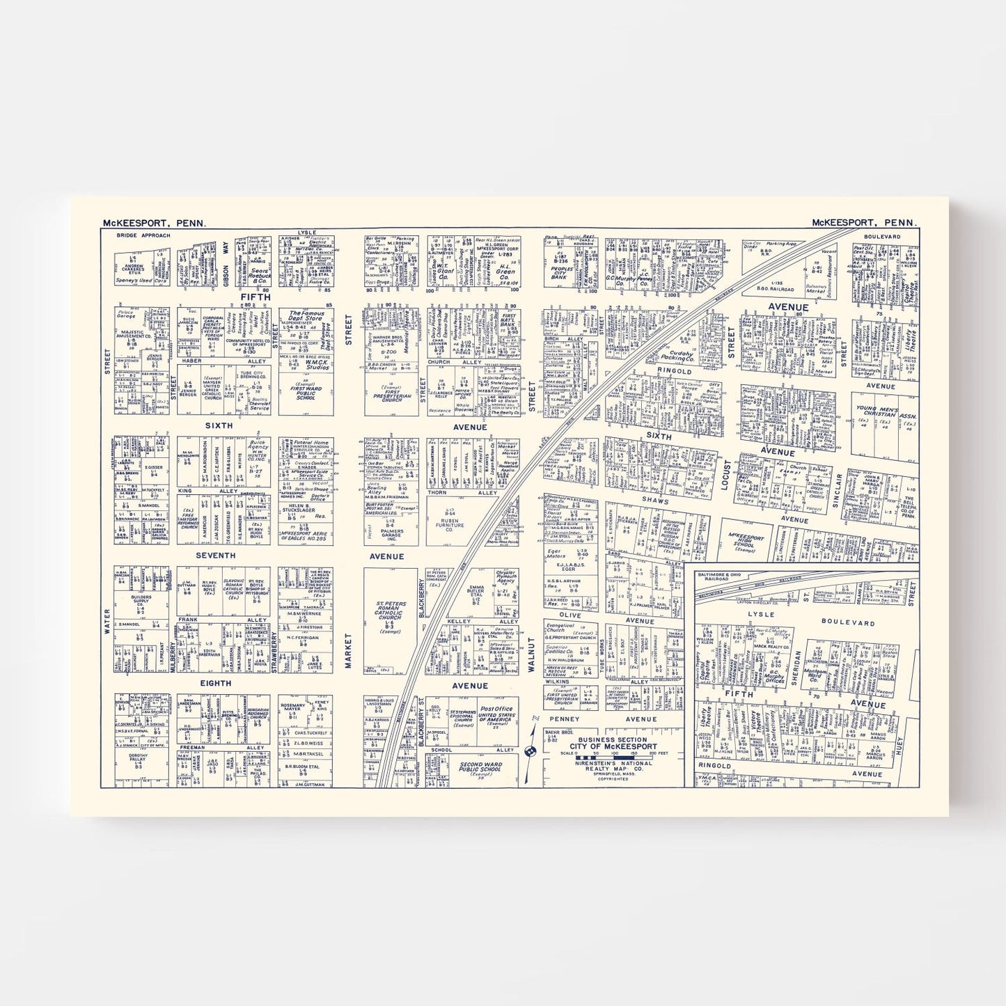 Vintage Map of McKeesport, PA Business Section 1950