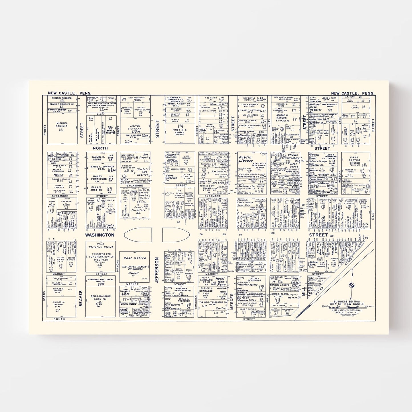 Vintage Map of New Castle, PA Business Section 1950