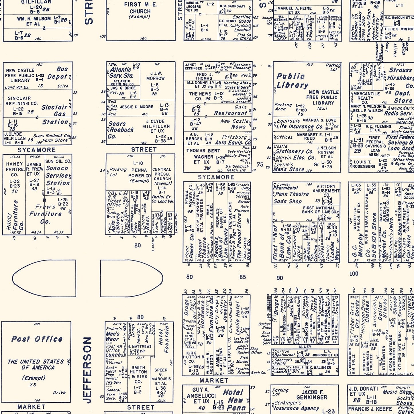 Vintage Map of New Castle, PA Business Section 1950