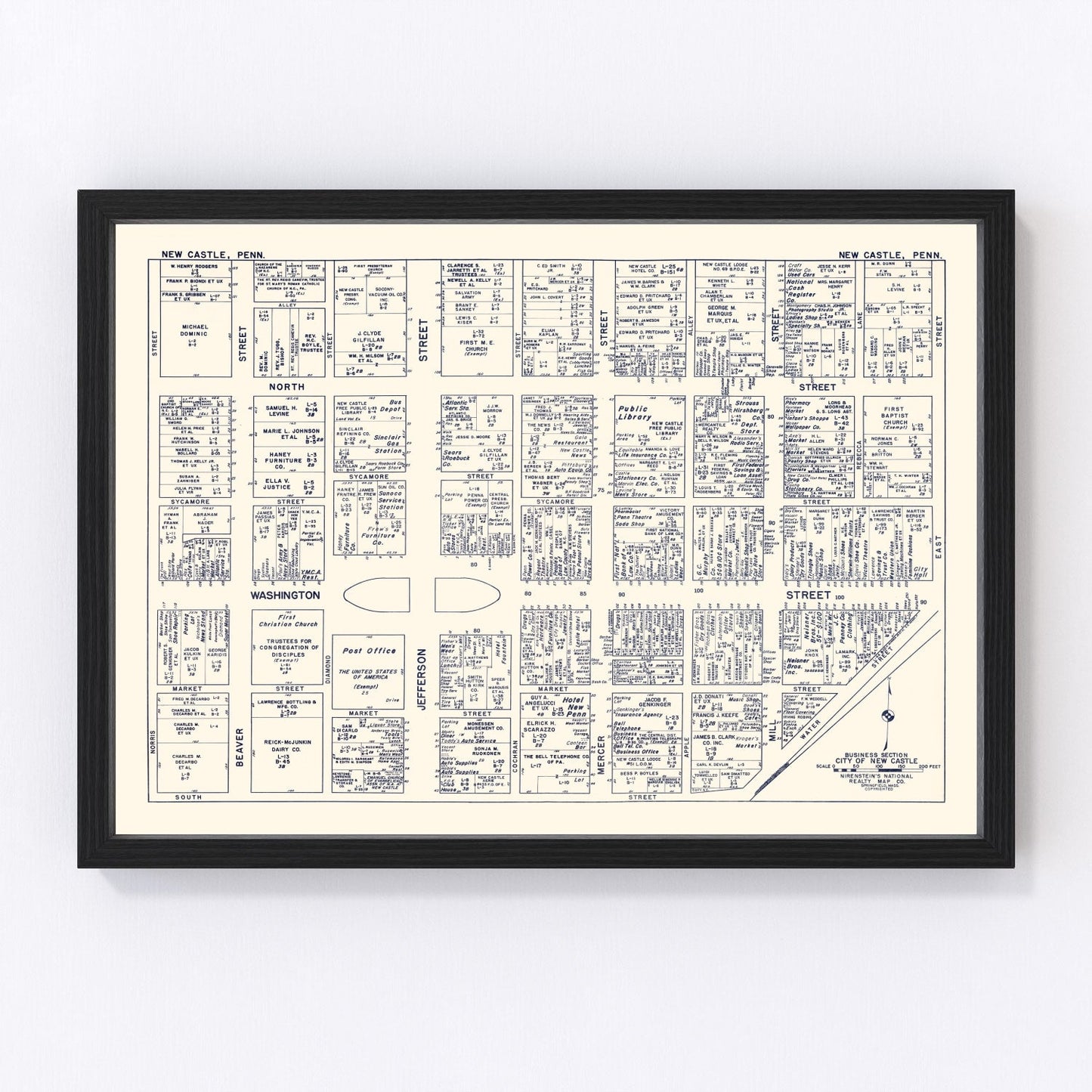 Vintage Map of New Castle, PA Business Section 1950