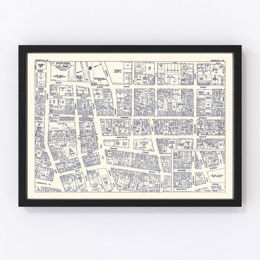 Vintage Map of Norfolk, VA Business Section 1950
