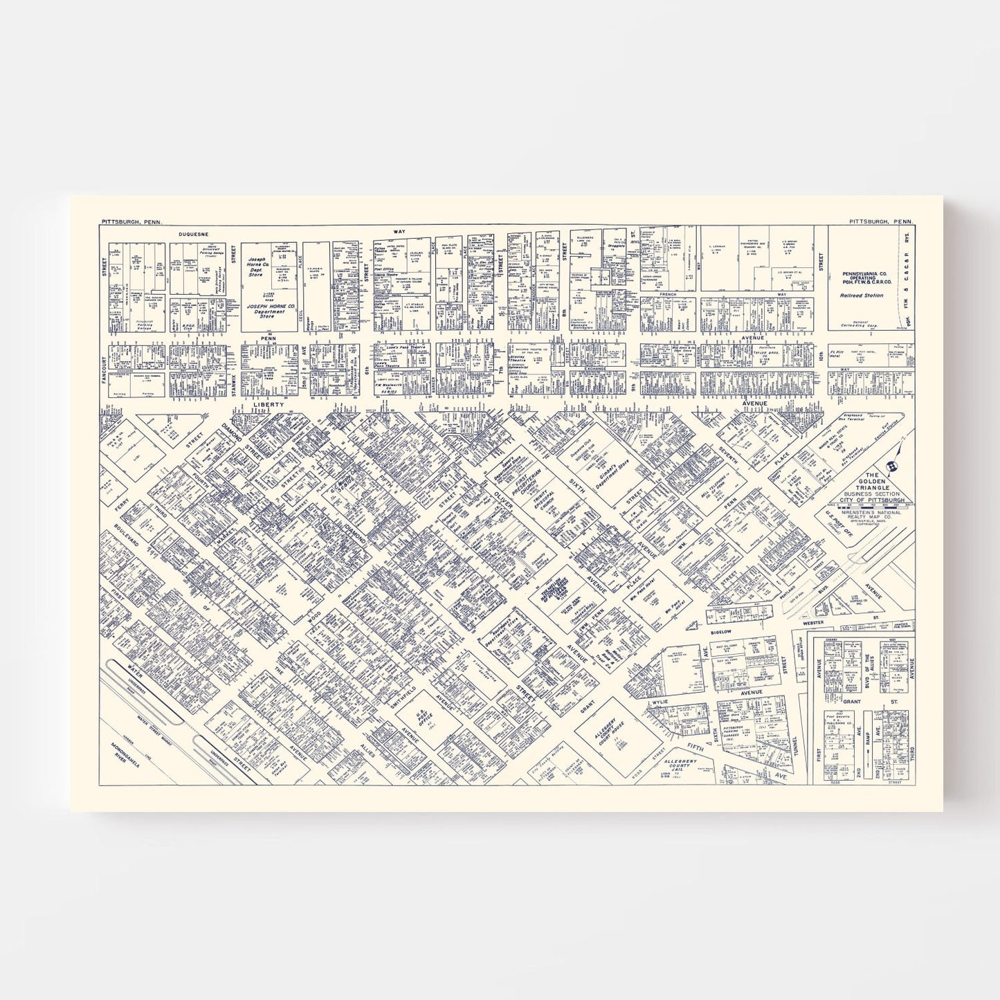 Vintage Map of Pittsburgh, PA Business Section 1950