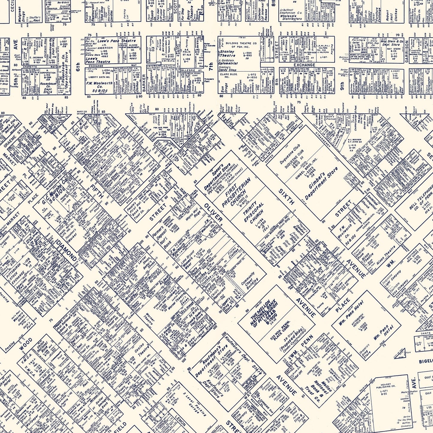 Vintage Map of Pittsburgh, PA Business Section 1950