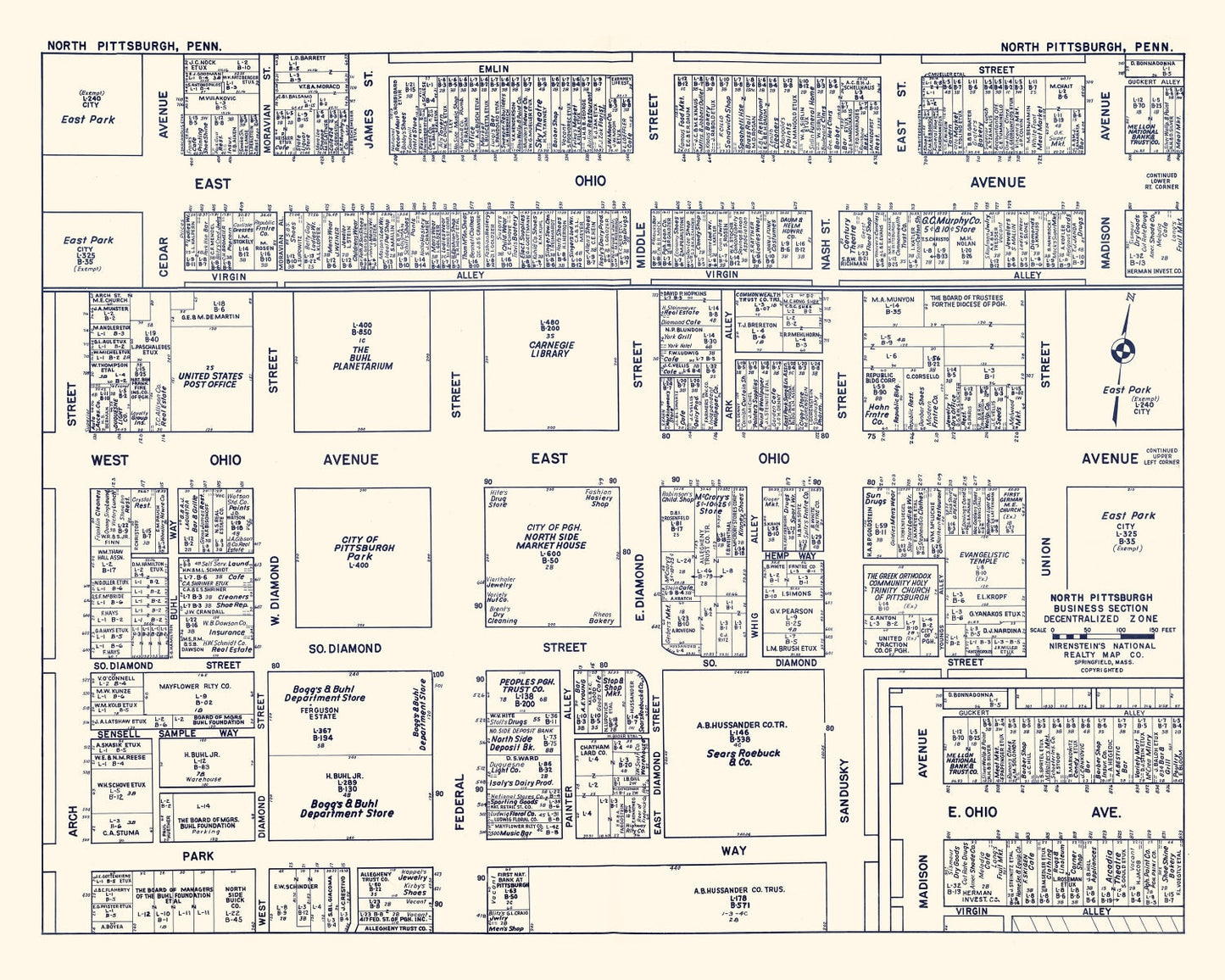 Vintage Map of North Pittsburgh, PA Business Section 1950