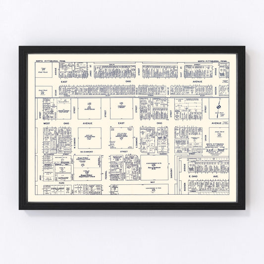 Vintage Map of North Pittsburgh, PA Business Section 1950