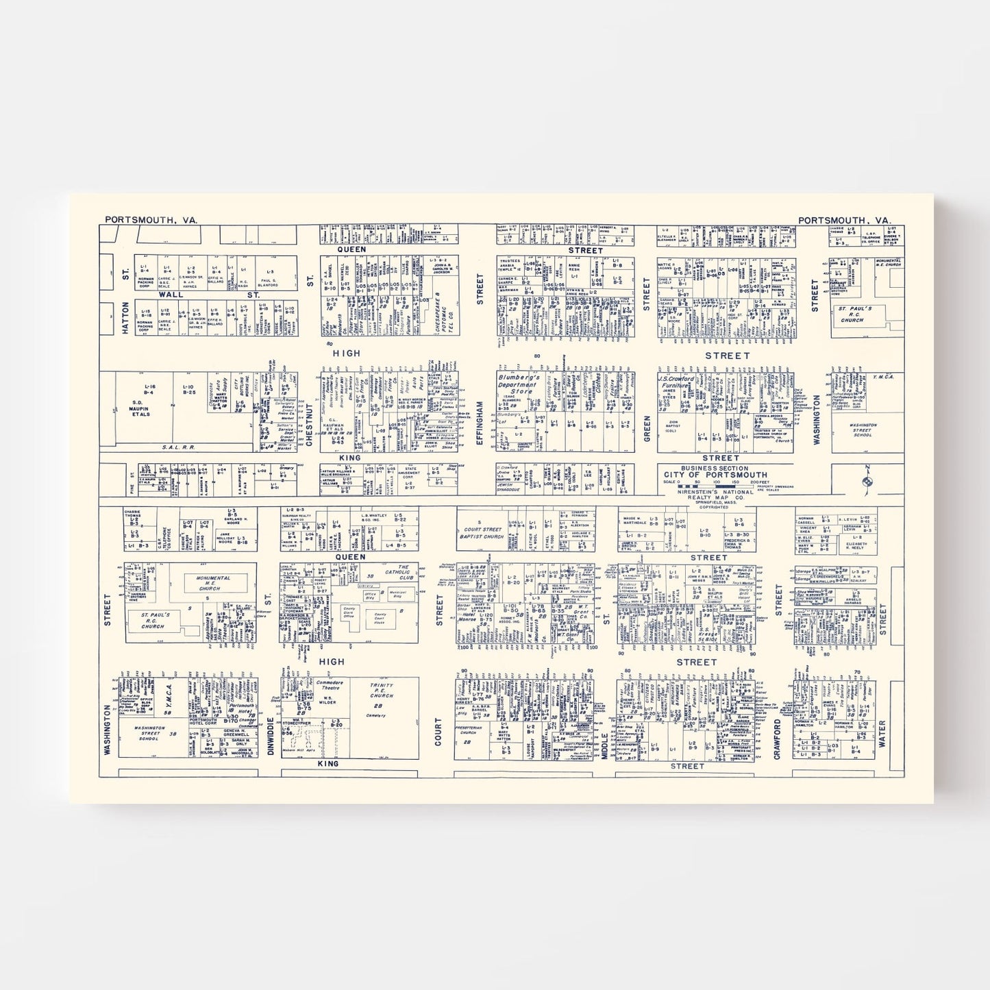 Vintage Map of Portsmouth, VA Business Section 1950