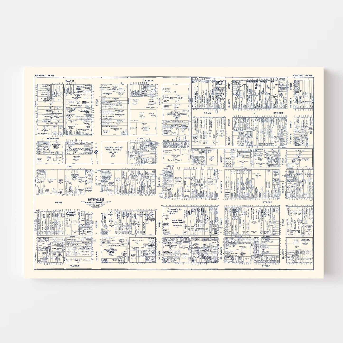 Vintage Map of Reading, PA Business Section 1950