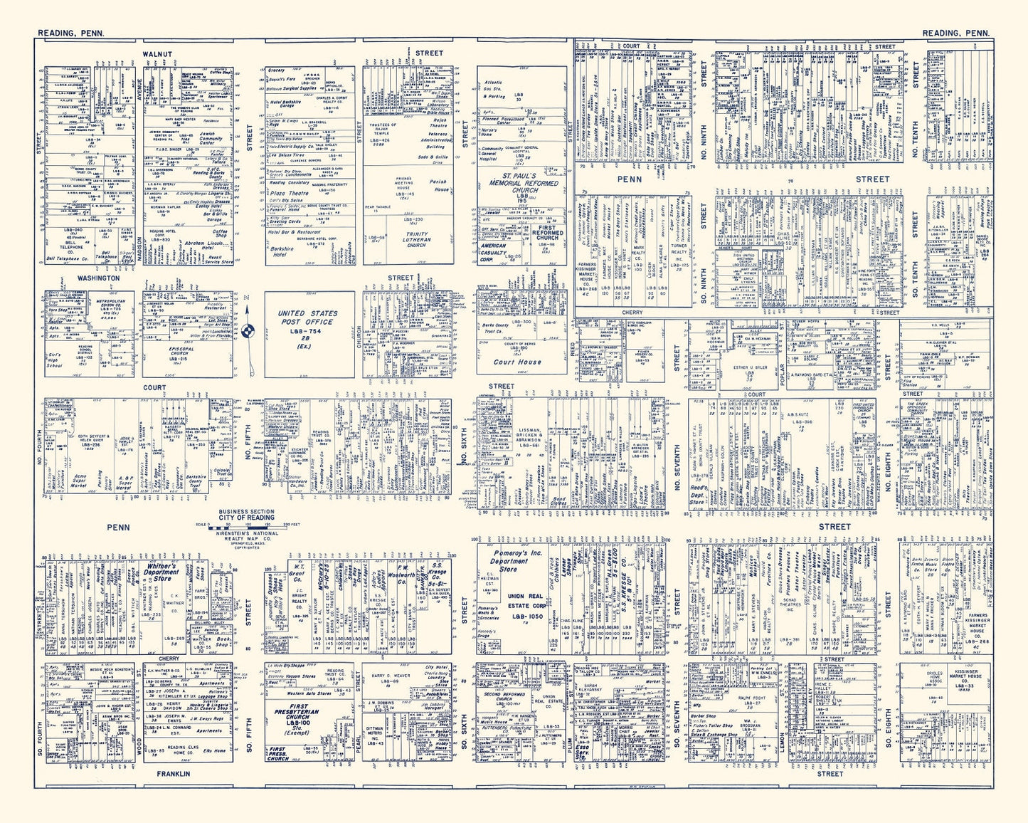 Vintage Map of Reading, PA Business Section 1950