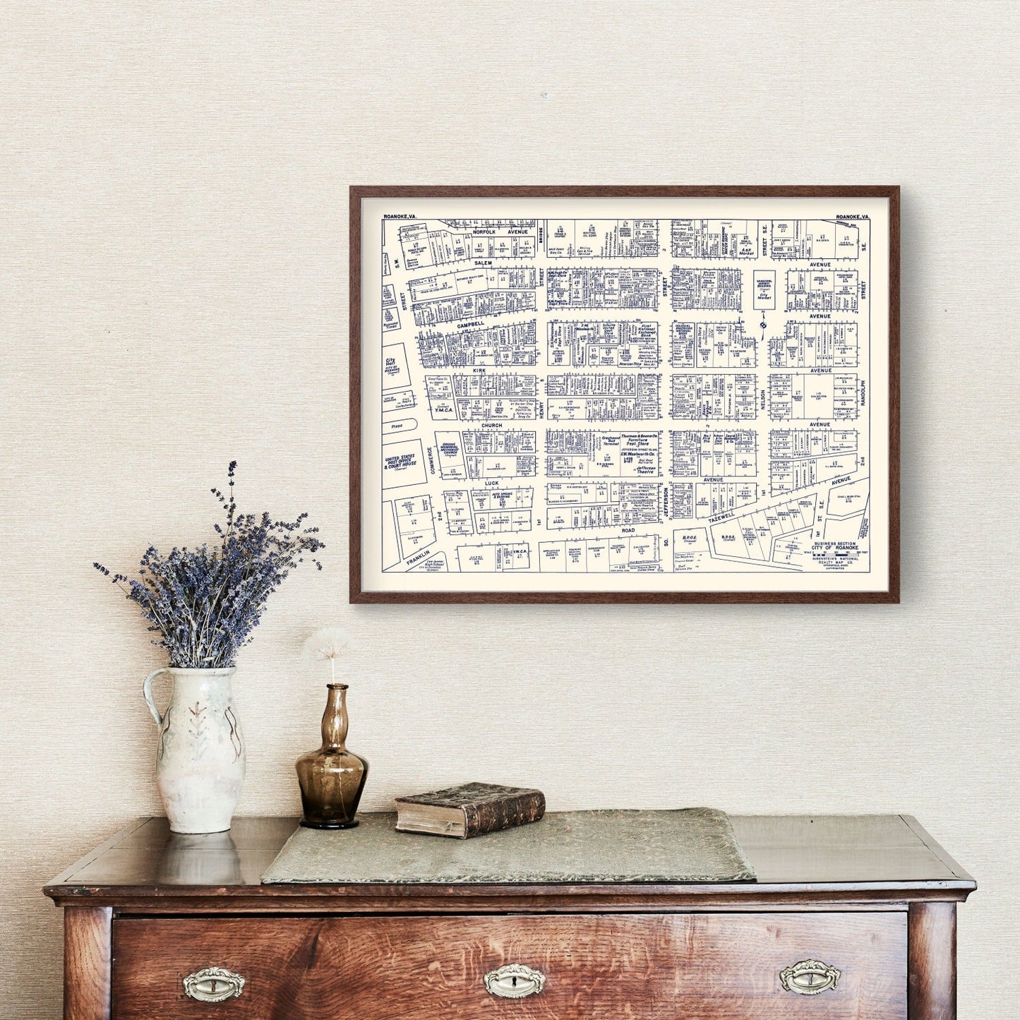 Vintage Map of Roanoke, VA Business Section 1950