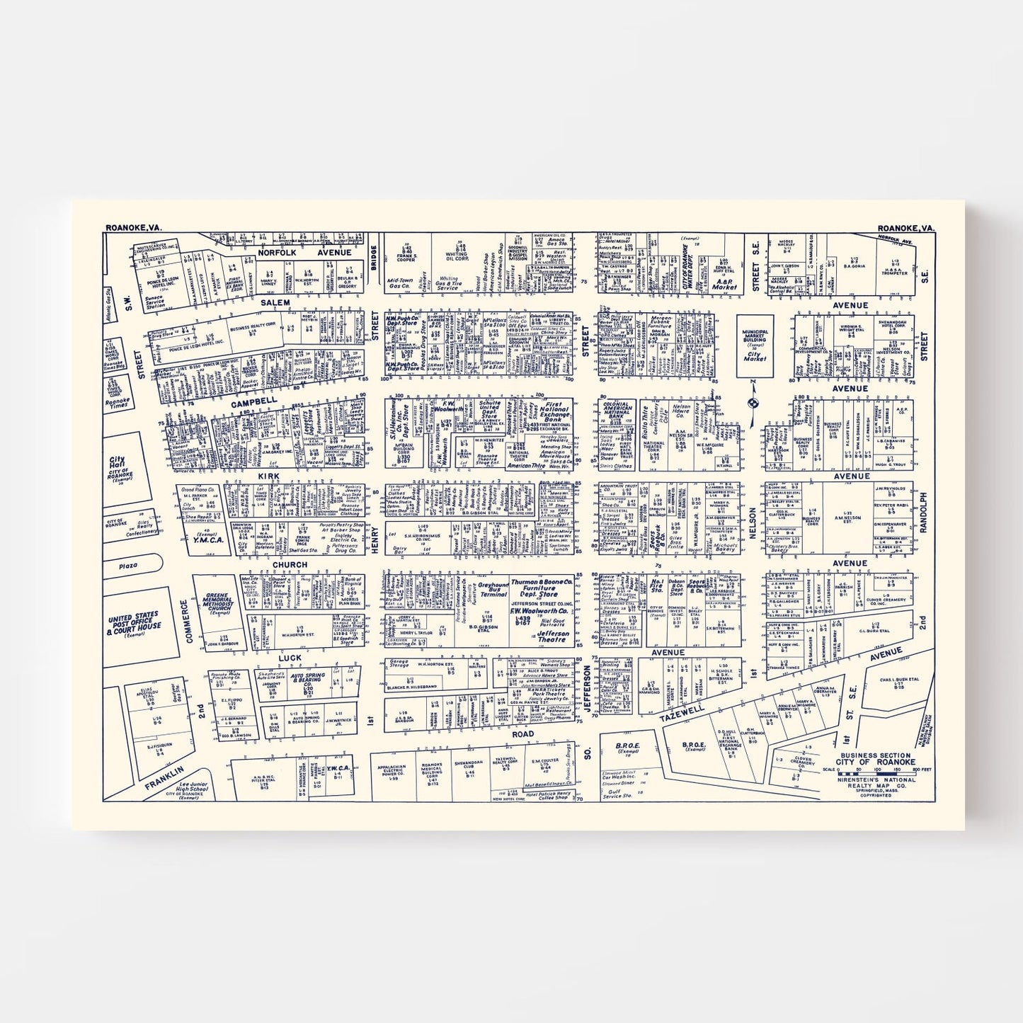 Vintage Map of Roanoke, VA Business Section 1950