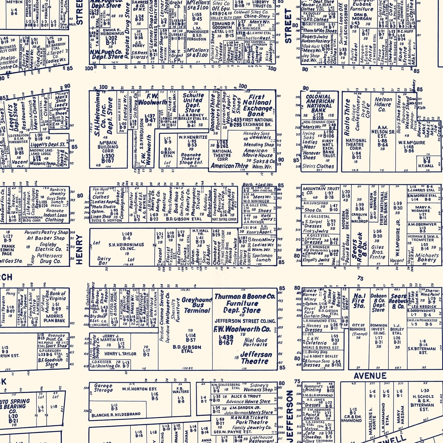 Vintage Map of Roanoke, VA Business Section 1950