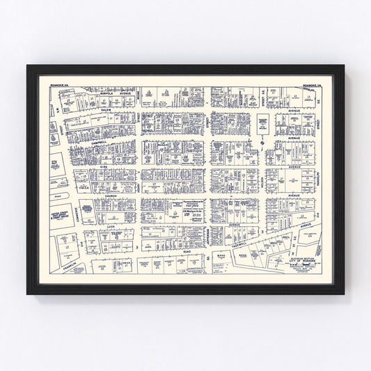 Vintage Map of Roanoke, VA Business Section 1950