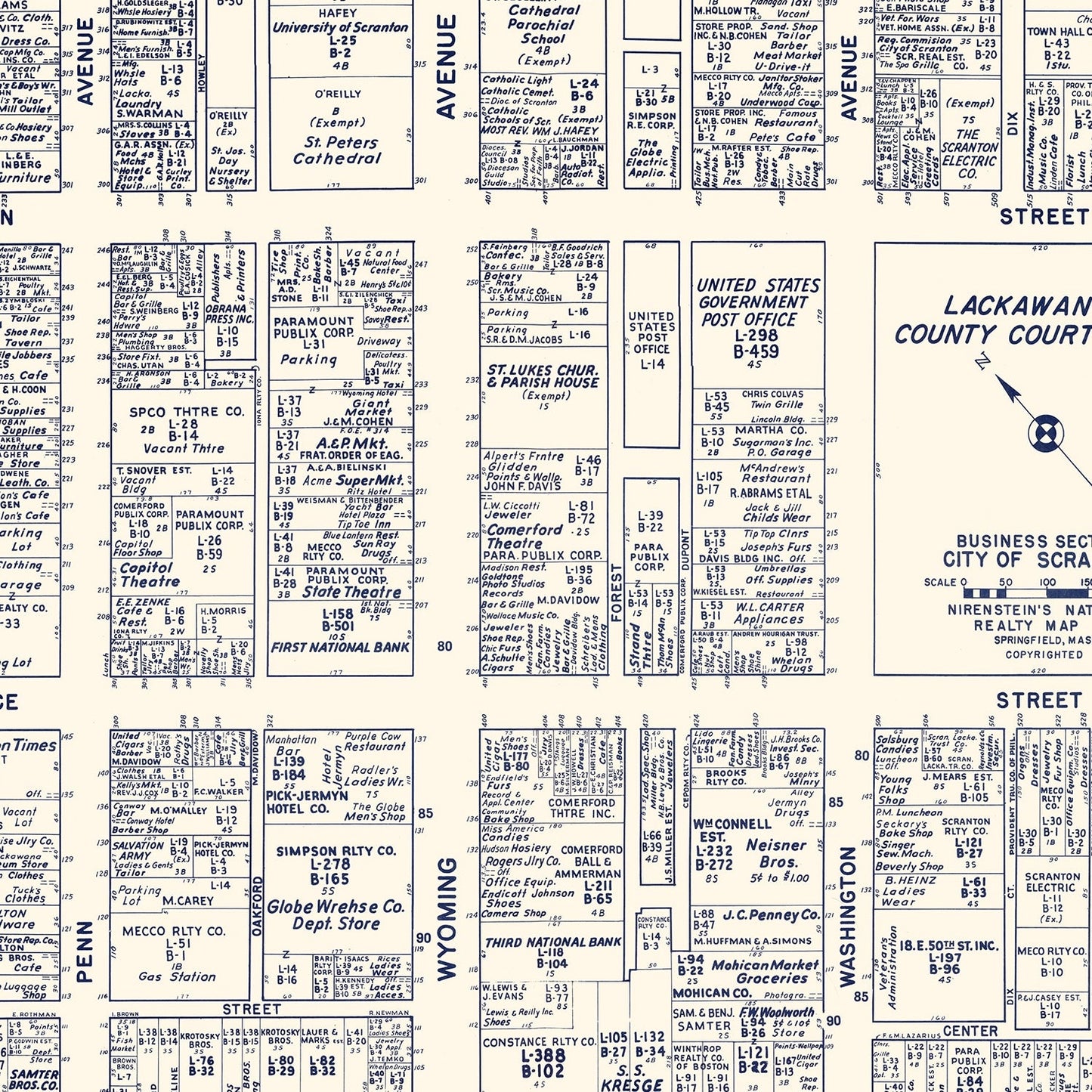 Vintage Map of Scranton, PA Business Section 1950
