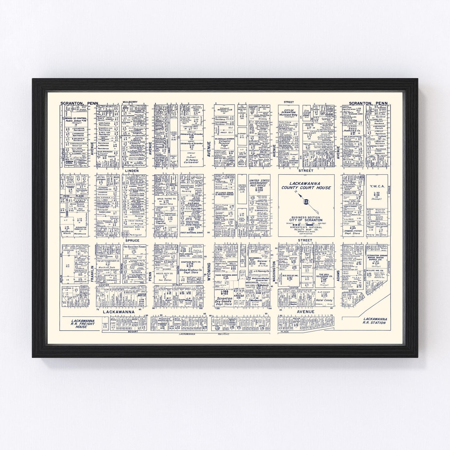 Vintage Map of Scranton, PA Business Section 1950