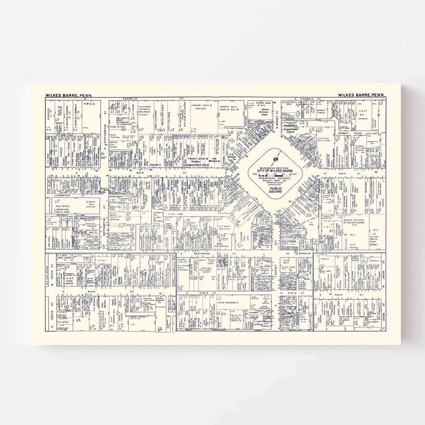 Vintage Map of Wilkes-Barre, PA Business Section 1950