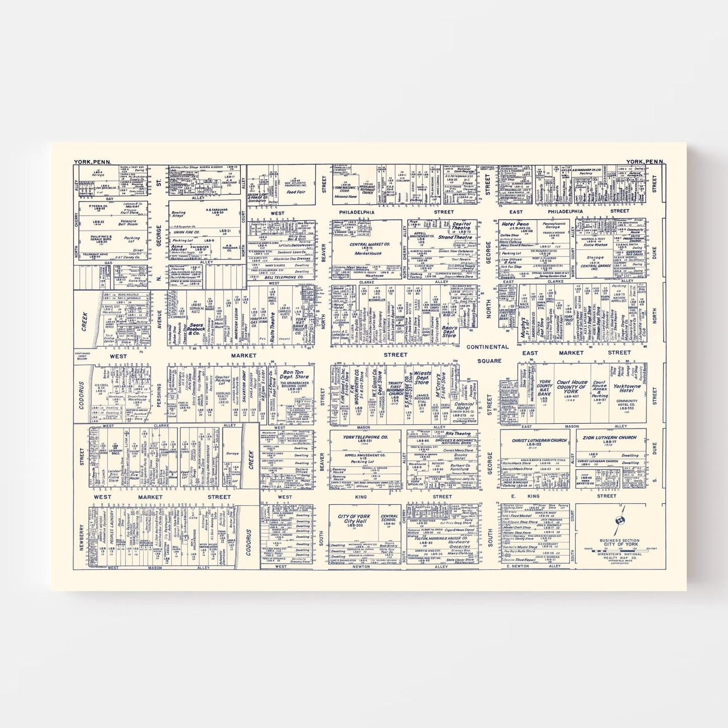 Vintage Map of York, PA Business Section 1950