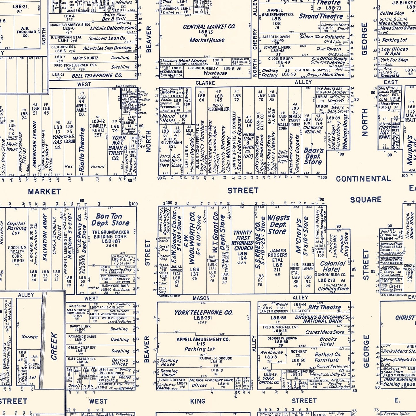 Vintage Map of York, PA Business Section 1950