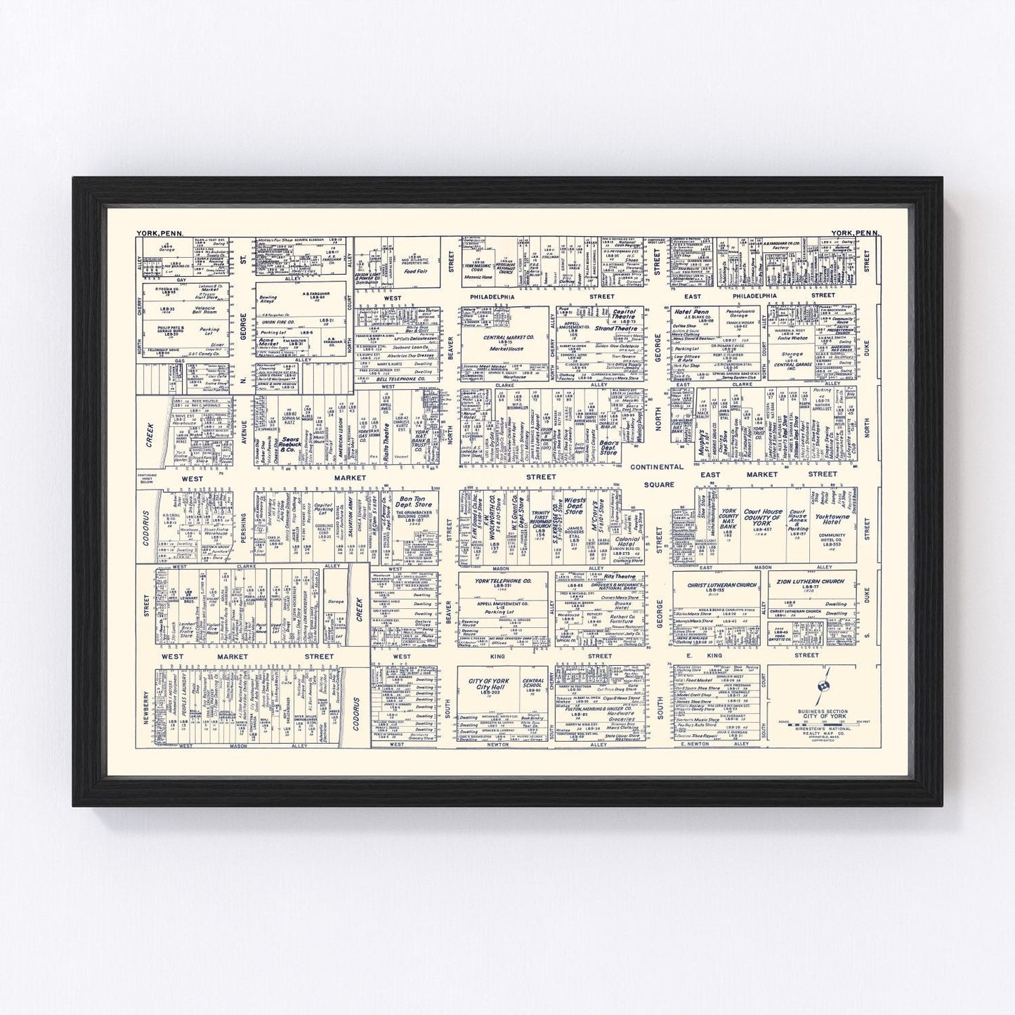 Vintage Map of York, PA Business Section 1950