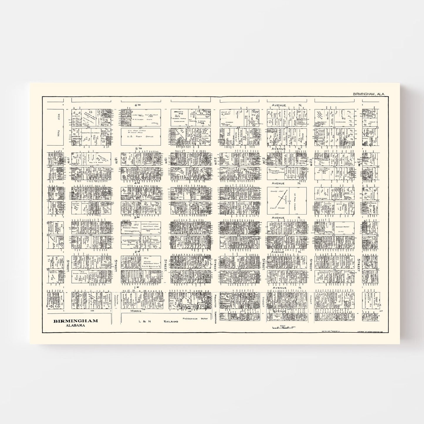 Vintage Map of Birmingham, AL Business Section 1929