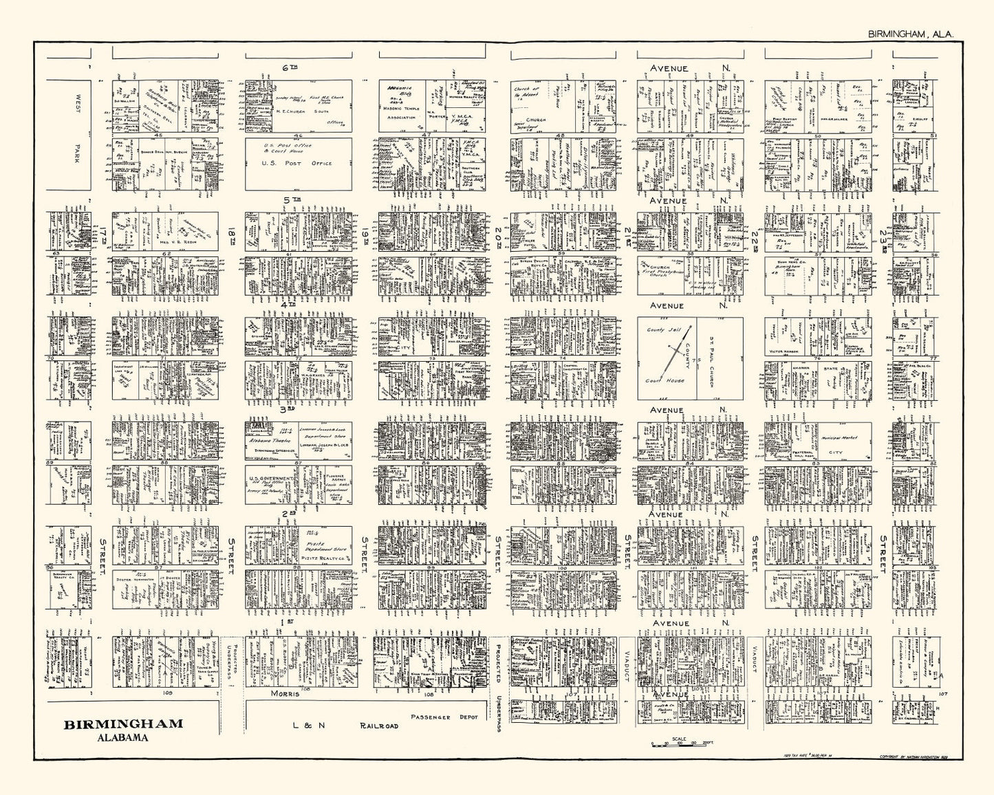 Vintage Map of Birmingham, AL Business Section 1929