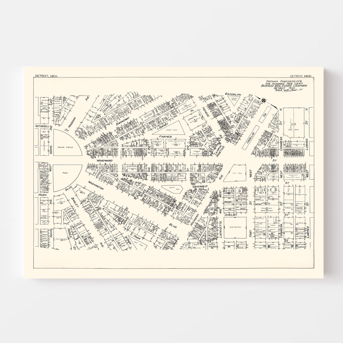 Vintage Map of Detroit, MI Business Section 1929