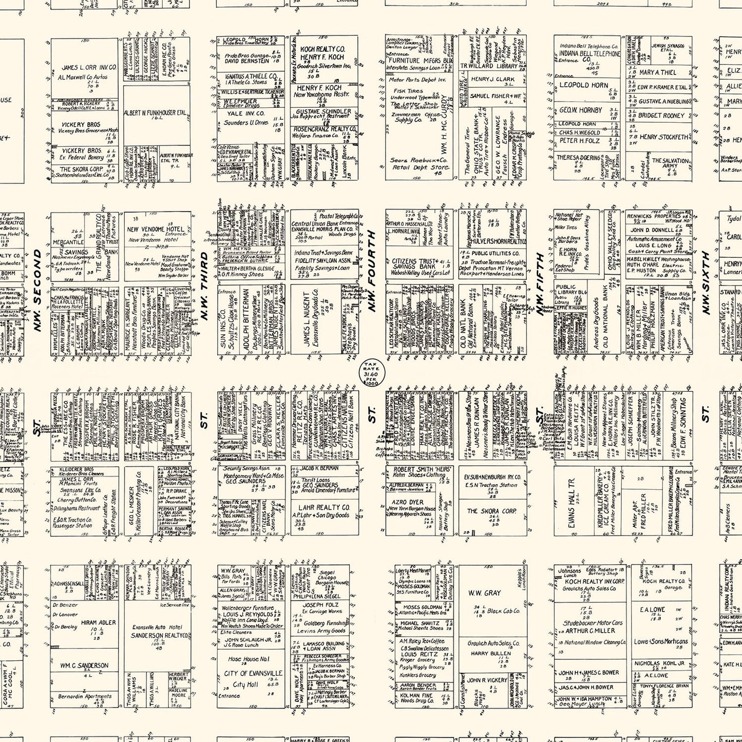 Vintage Map of Evansville, IN Business Section 1929