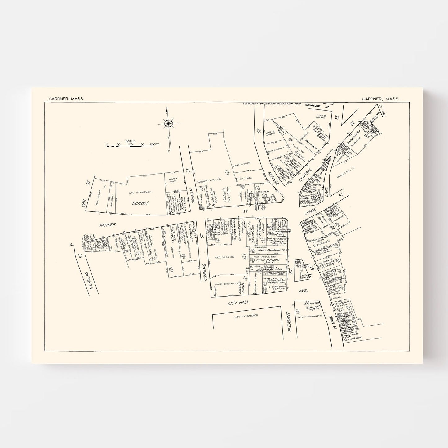 Vintage Map of Gardner, MA Business Section 1929