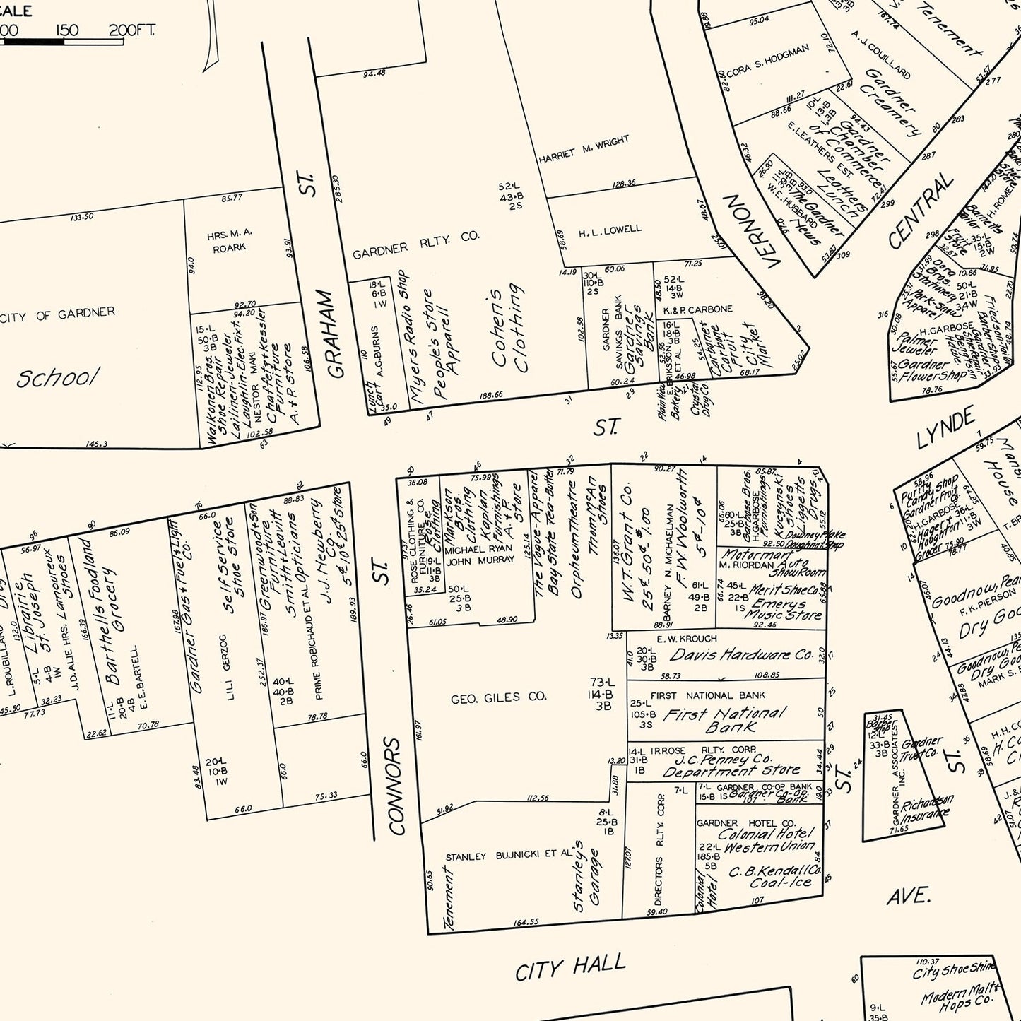 Vintage Map of Gardner, MA Business Section 1929
