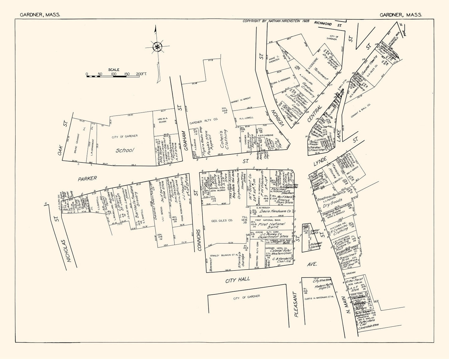 Vintage Map of Gardner, MA Business Section 1929