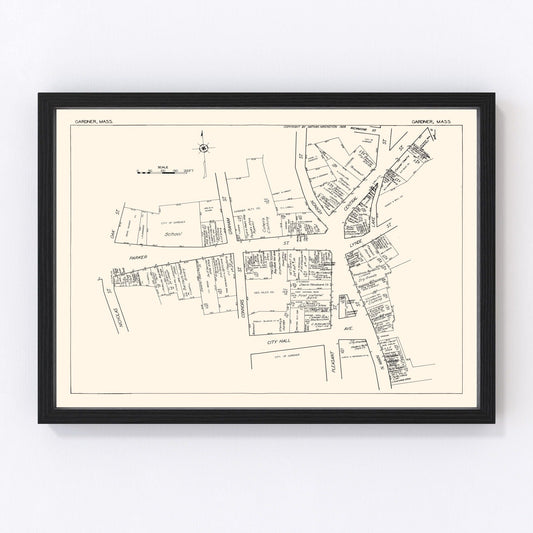 Vintage Map of Gardner, MA Business Section 1929