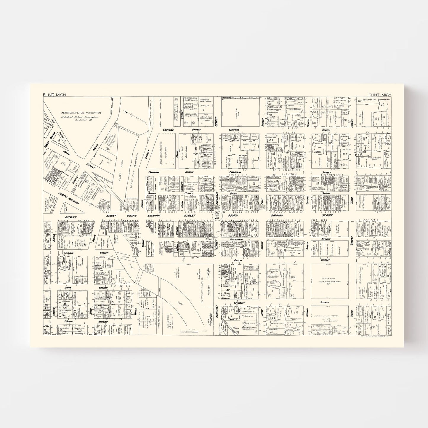 Vintage Map of Flint, MI Business Section 1929