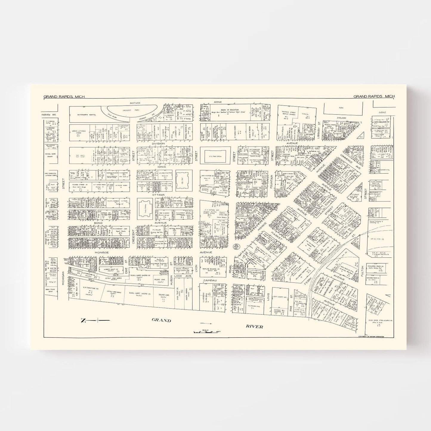 Vintage Map of Grand Rapids, MI Business Section 1929