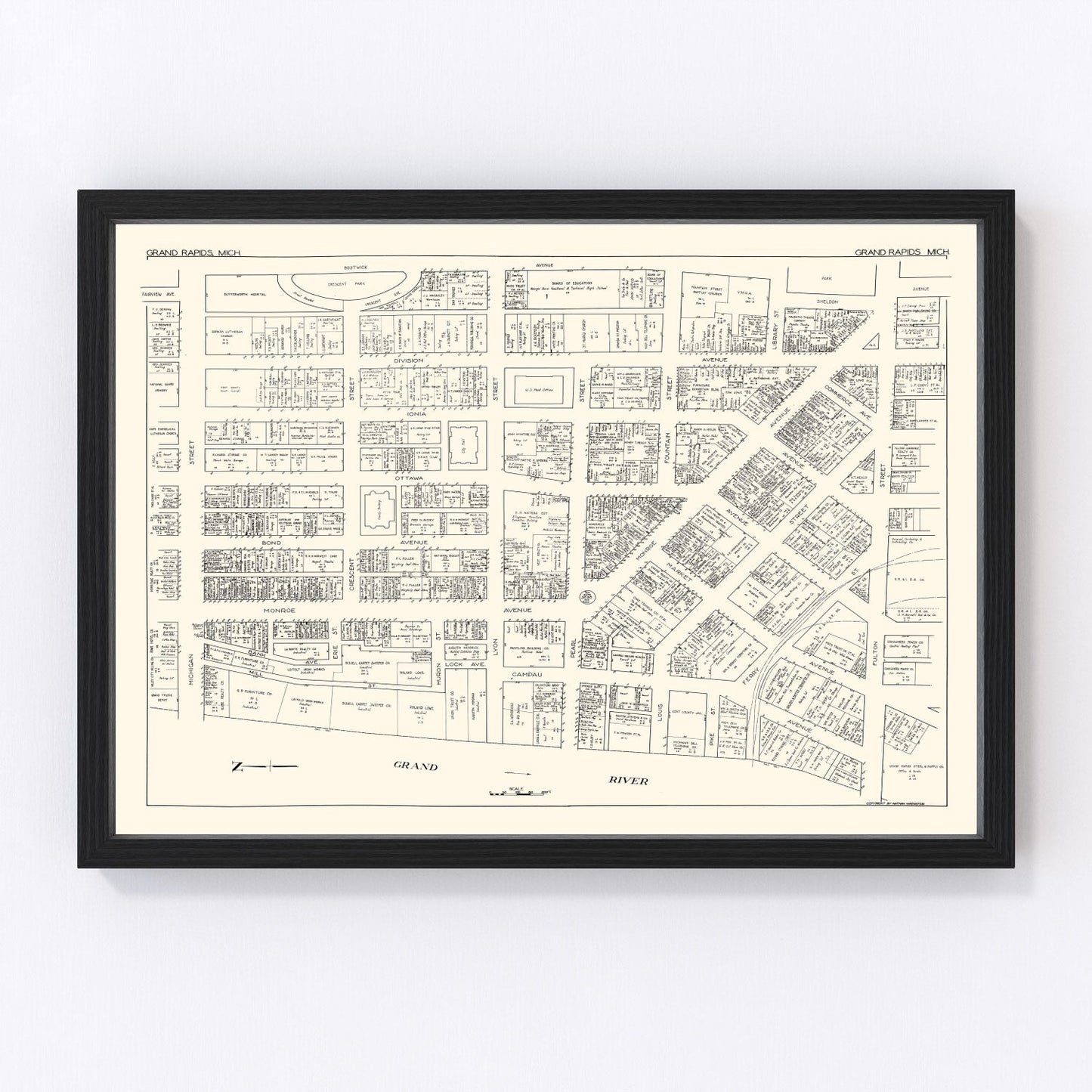 Vintage Map of Grand Rapids, MI Business Section 1929