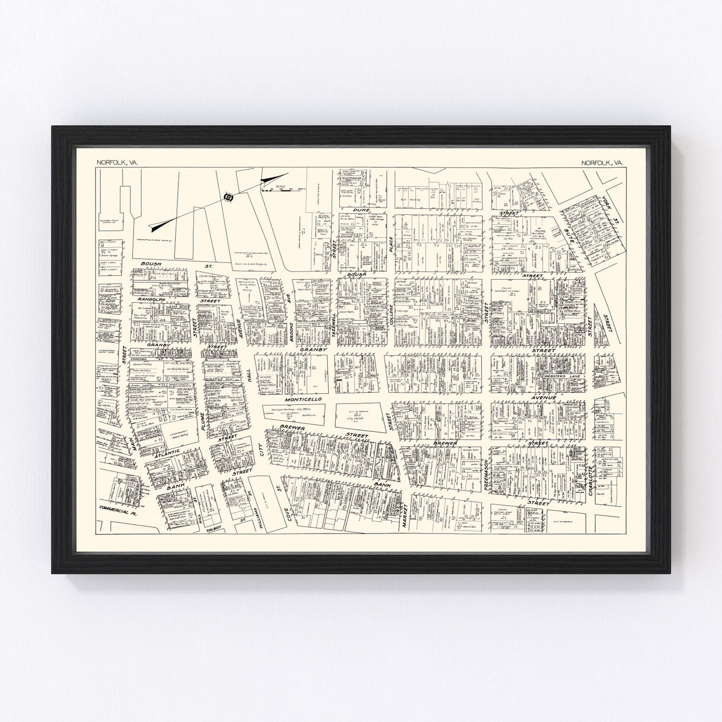 Vintage Map of Norfolk, VA Business Section 1929