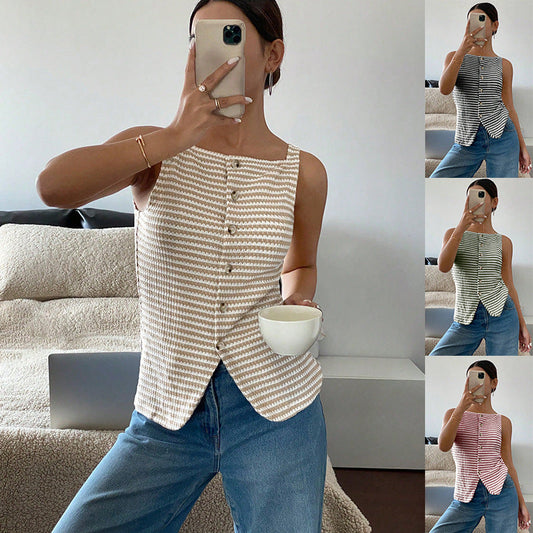 Women's Striped Button-Front Sleeveless Camisole Top – Square Neck Tank