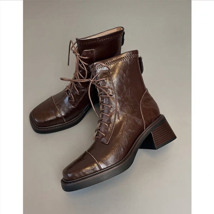 Lace-Up Square Toe Martin Boots | Block Heel Short Ankle Boot