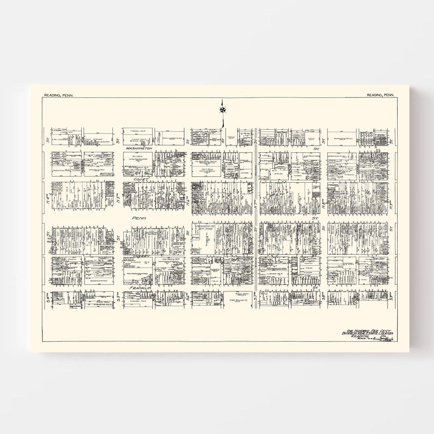 Vintage Map of Reading, PA Business Section 1929