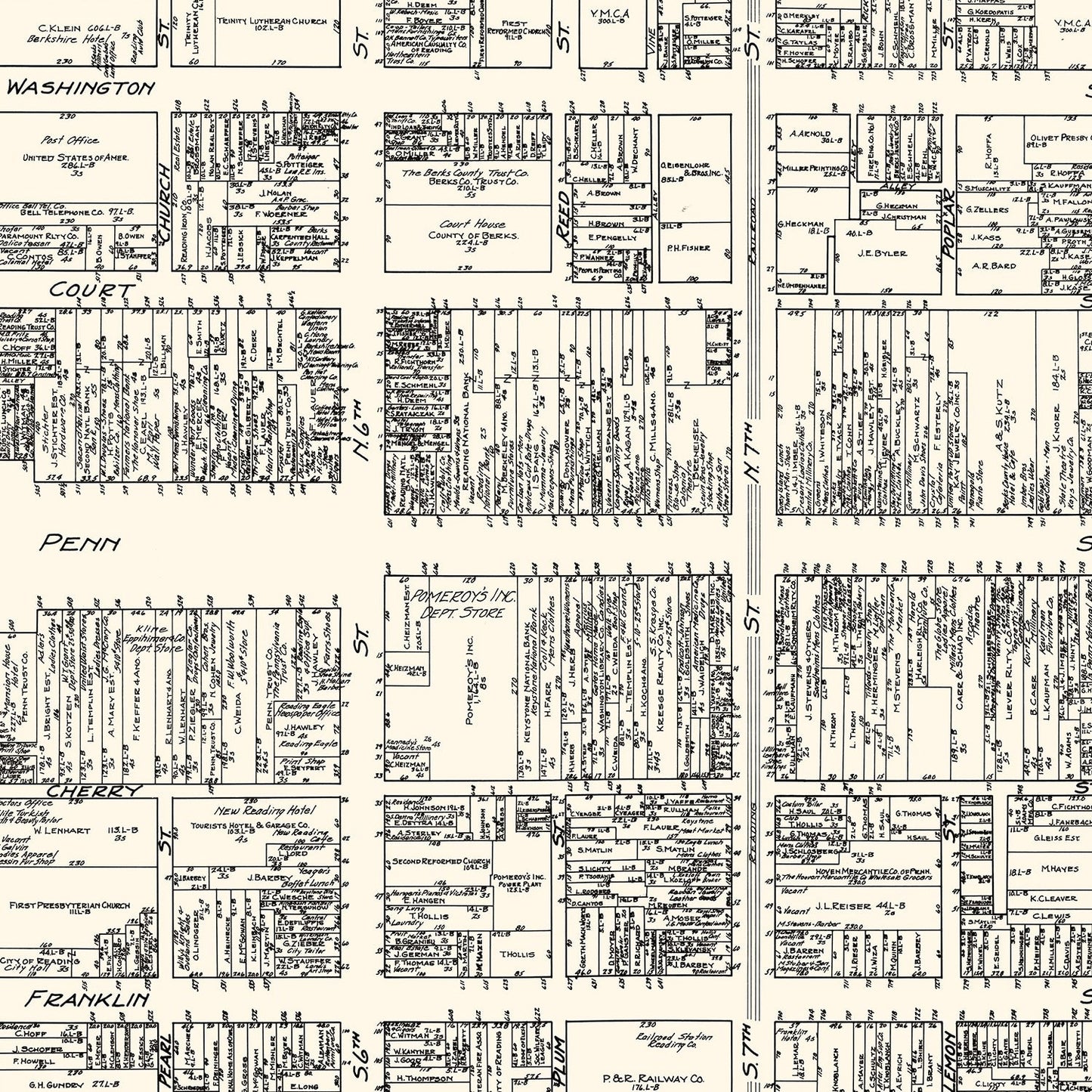 Vintage Map of Reading, PA Business Section 1929