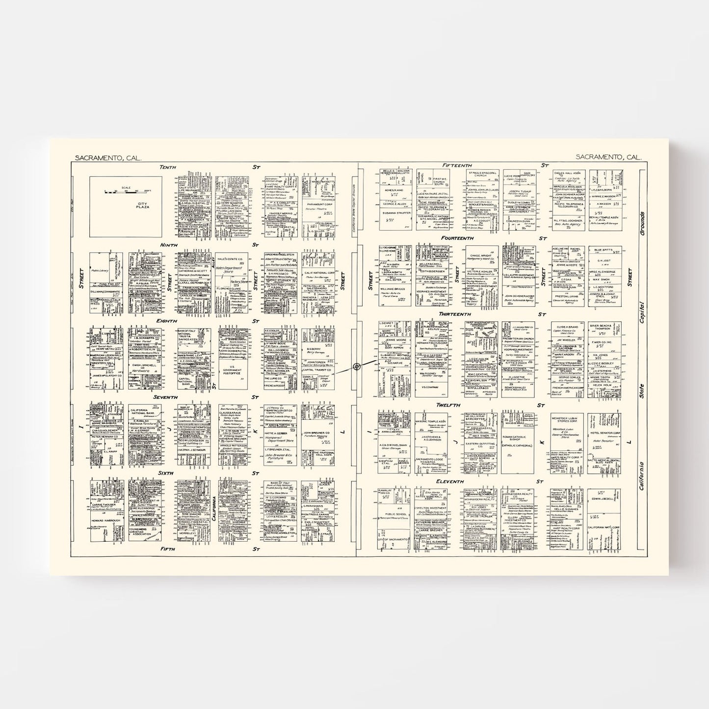 Vintage Map of Sacramento, CA Business Section 1929
